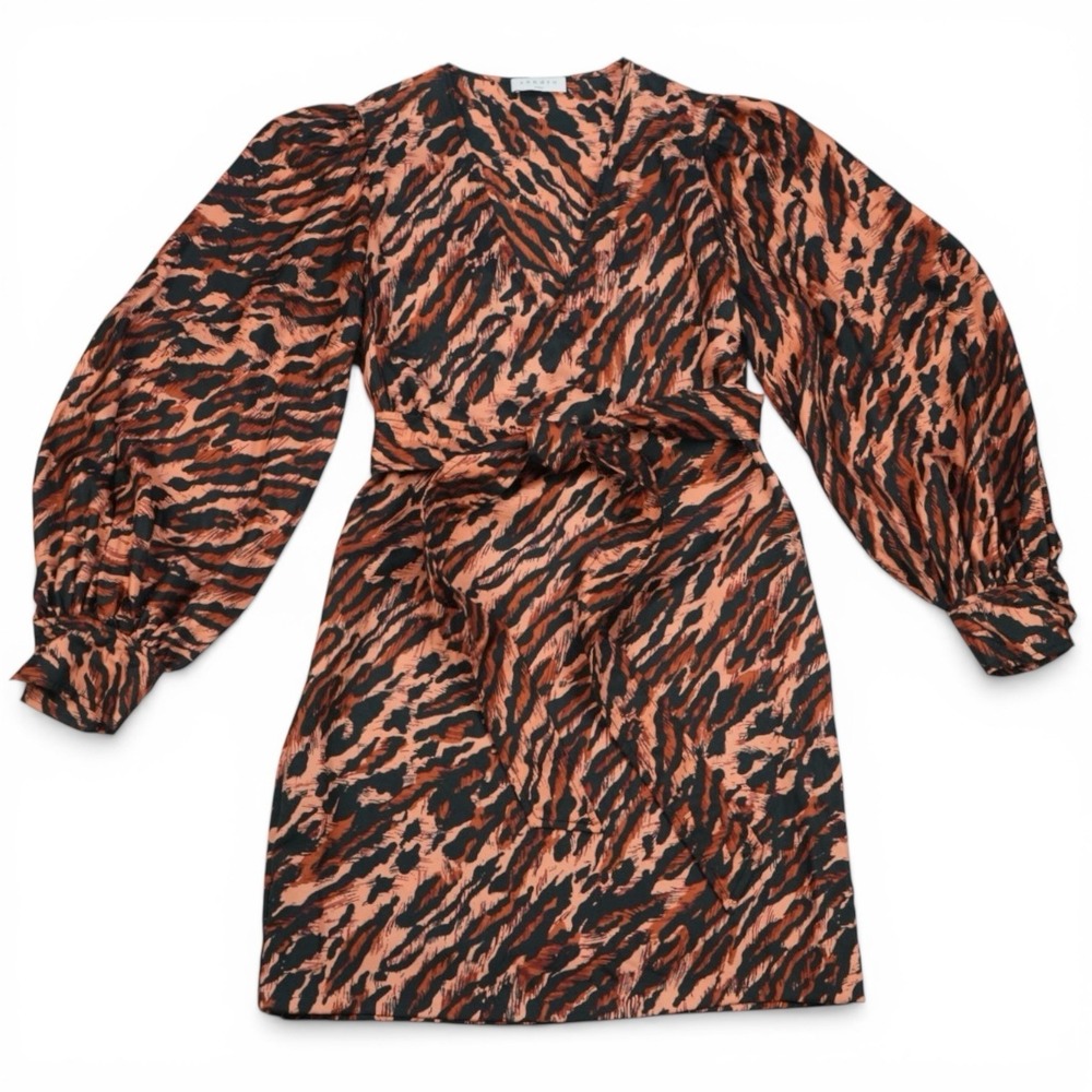 Sandro Lunas 100% Silk Tiger Print Belted Mini Dress Balloon Sleeve FR 36 US 4